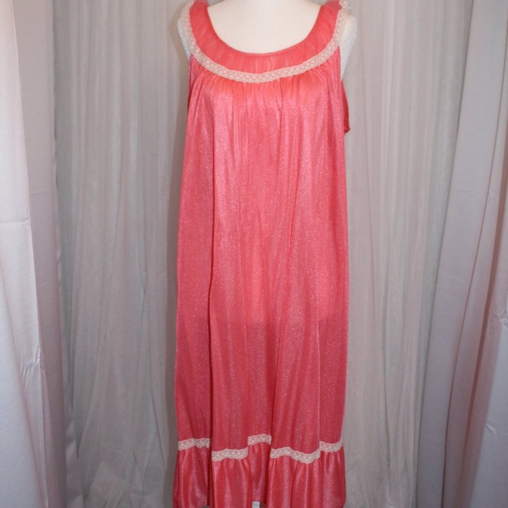 Vintage Coral Pink Nightgown with Cream Lace